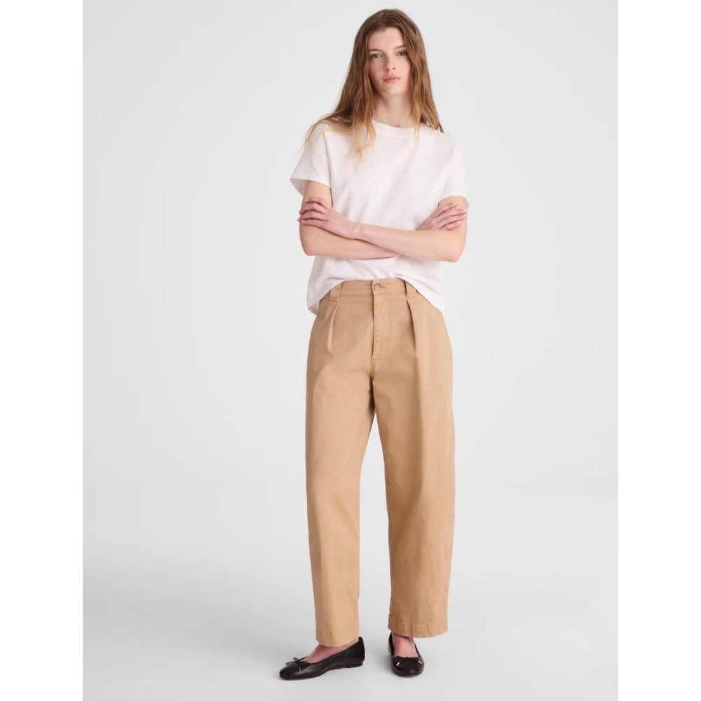 Madewell The Barrel-Leg Chino Pant Khaki Tan High Rise Pleated Trousers Size 24